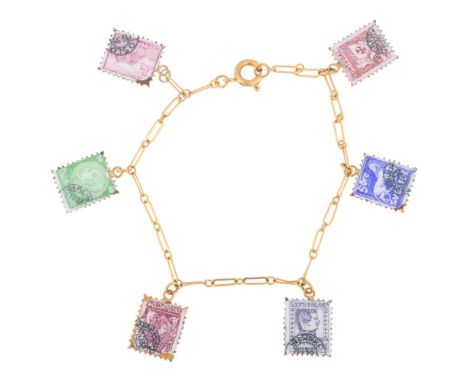 An Antique gold plated enamel postage stamp charm bracelet, European postage stamps post marked for 1930s, 17cm, 7.1gEnamel s