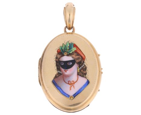 An Antique Victorian gold and enamel masquerade locket pendant, the front having hand painted enamel bust depicting lady wear