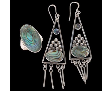 GIFA - a Danish sterling silver and abalone jewellery set, comprising ring and pair of drop earrings, ring size L, earrings 7