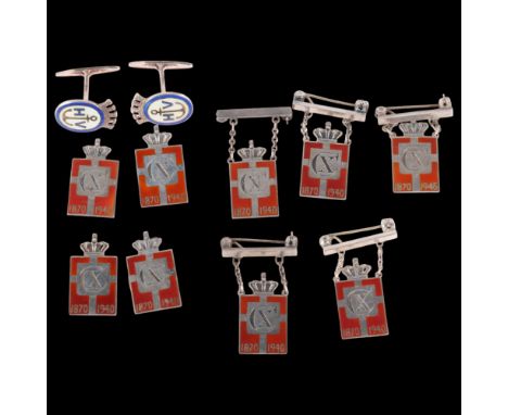 GEORG JENSEN - 9 Danish sterling silver and red enamel Kingmark badges, 24mm, and a pair of silver and enamel cufflinks, 42.6