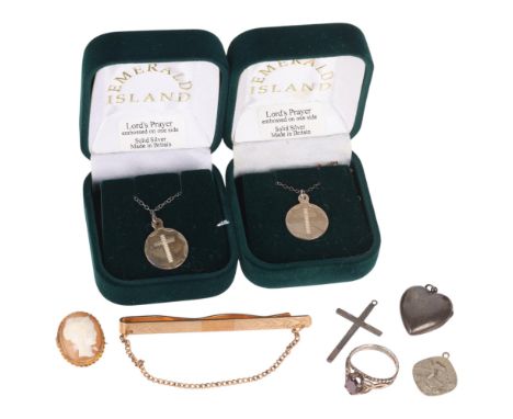 Various jewellery, including 9ct gold shell cameo brooch, silver religious pendant necklaces, garnet ring, etcLot sold as see