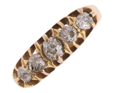 An Antique 18ct gold graduated five stone diamond half hoop ring, set with old-cut diamonds, total diamond content approx 0.3