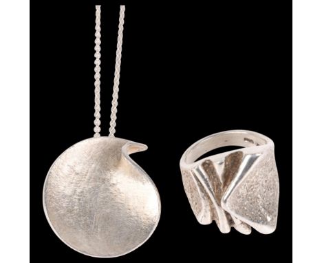 2 Danish modernist sterling silver abstract fold jewellery, comprising, ring, maker AKT, size O, and pendant necklace, maker 