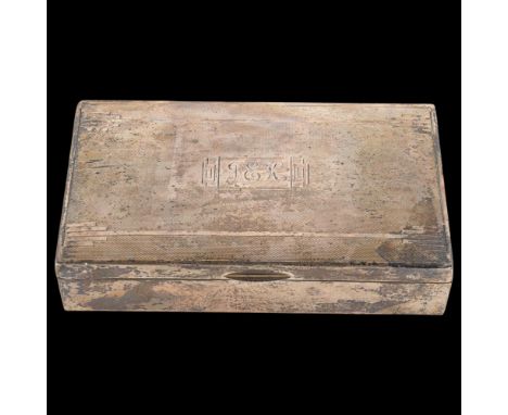 An Art Deco George V silver cigarette box, indistinct maker, Jubilee hallmarks Birmingham 1935, rectangular form, with engine