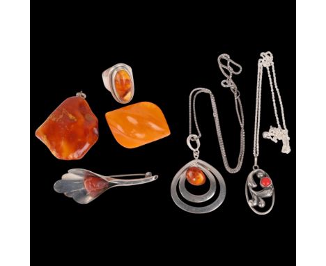 Various Danish silver and amber jewellery, including Carl Ove Frydensberg ring, Ulrich brooch, etc, 45.8g totalLot sold as se