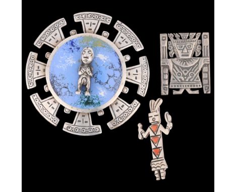 3 Mexican sterling silver Aztec design brooches, largest 61.4mm, 45.5g total (3)No damage or repair, only light surface wear,