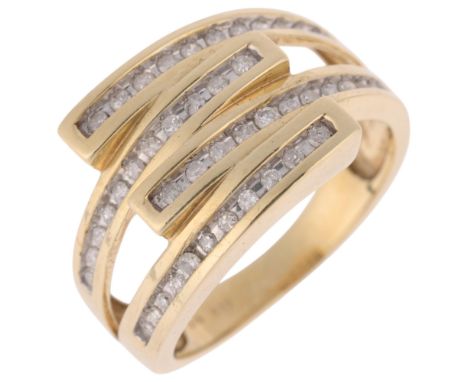 A 9ct gold diamond crossover dress ring, channel set with modern round single-cut diamonds, total diamond content approx 0.33
