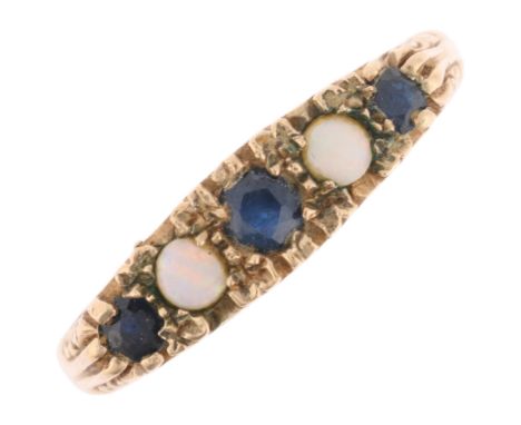 A 9ct gold five stone sapphire and opal half hoop ring, maker RJ, London 1978, setting height 4.8mm, size P, 2.4gNo damage or
