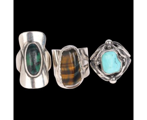3 Danish silver gem set rings, including tigers eye example by Jacob Hull, sizes K, and O x 2, 41.1g total (3)No damage or re