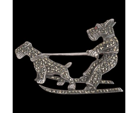 A Vintage Continental silver marcasite novelty 'Skiing Scottie Dog' brooch, 45.5mm, 9.3gNo damage, several stones missing fro