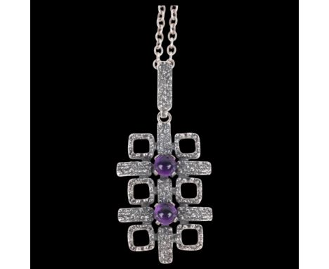 A Scandinavian brutalist silver amethyst geometric abstract pendant necklace, textured settings with round cabochon amethysts