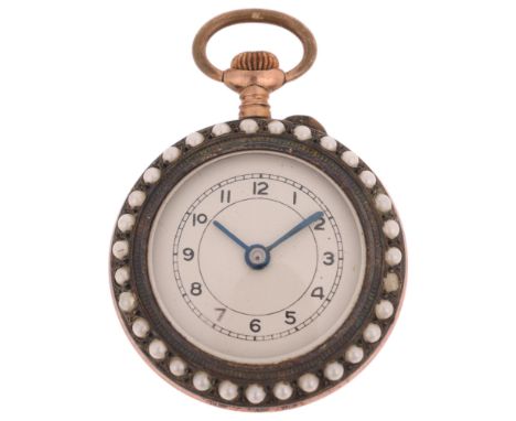 An Antique Swiss silver gold enamel and pearl open-face keyless fob watch, circa 1900, silvered dial with black Arabic numera