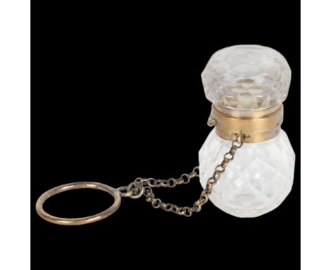 An Antique French miniature silver-mounted glass chatelaine scent flask, circa 1900, faceted bulbous form with integral ring 