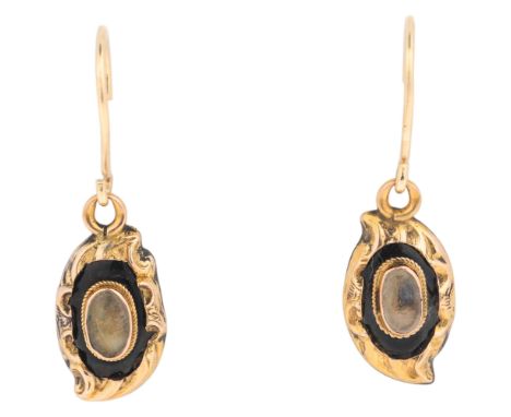 A pair of Antique Victorian black enamel hairwork mourning drop earrings, circa 1880, each with central glazed compartment, s