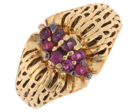 A Continental 18ct gold ruby dress ring, set with round-cut ruby marquise cluster, setting height 10.2mm, unmarked mount test
