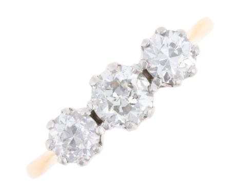 An 18ct gold three stone diamond ring, claw set with old European-cut diamonds, total diamond content approx 0.9ct, setting h