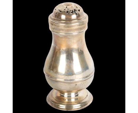 A George II silver bun pepperette, Samuel Laundy, London 1729, baluster form with pierced cover, 9.5cm, 2.5ozSeveral very lig