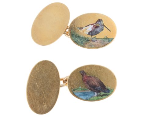 CROPP & FARR - a pair of Art Deco 18ct gold enamel 'Bird' cufflinks, Birmingham 1919, the oval panels with hand painted ename