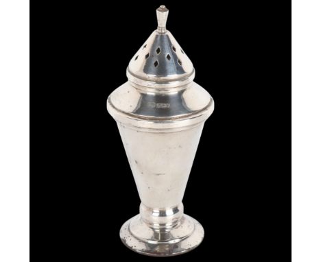 An Art Deco style Elizabeth II silver sugar caster, William Hutton & Sons Ltd, Sheffield 1957, stepped conical form, 17cm, 4.