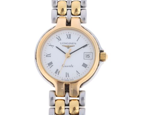 LONGINES - a lady's gold plated stainless steel Flagship quartz calendar bracelet watch, ref. 7063, white dial with Roman num