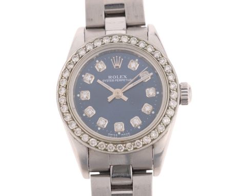 ROLEX - a lady's stainless steel diamond Oyster Perpetual automatic bracelet watch, blue dial with diamond hour markers, bato
