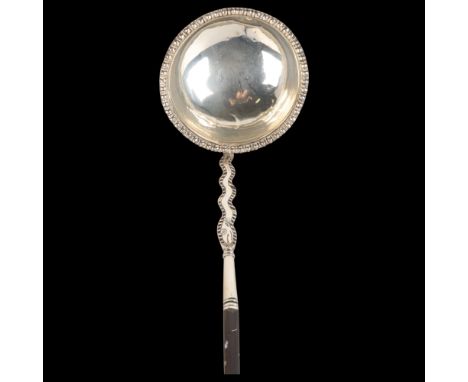A George II silver toddy ladle, the bowl with gadrooned rim, snake stem and twisted whale baleen handle, 33cmBowl has several