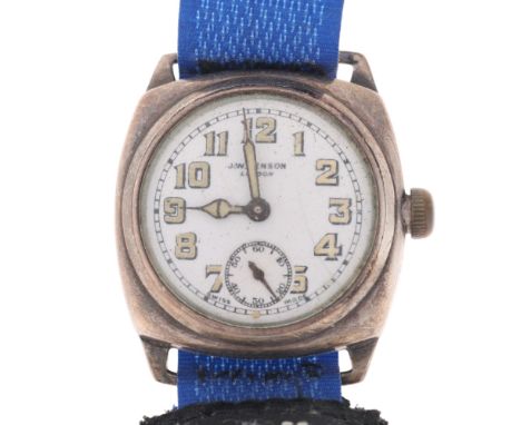 J W BENSON - a silver cushion-cased mechanical wristwatch, circa 1930s, white enamel dial with Arabic numerals, spade hands w