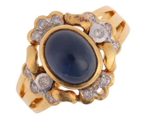 A Continental 18ct gold sapphire and diamond dress ring, rub-over set with oval cabochon sapphire and modern round brilliant-