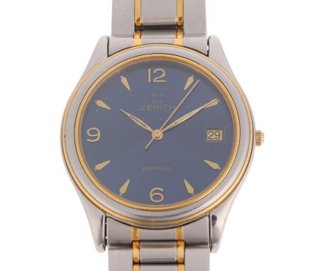 ZENITH - a gold plated stainless steel Espada quartz calendar bracelet watch, circa 2001, blue dial with gilt quarterly Arabi