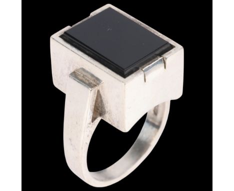 SVEN HAUGAARD - a Danish modernist sterling silver onyx geometric ring, plain rectangular form with flat top onyx, setting he