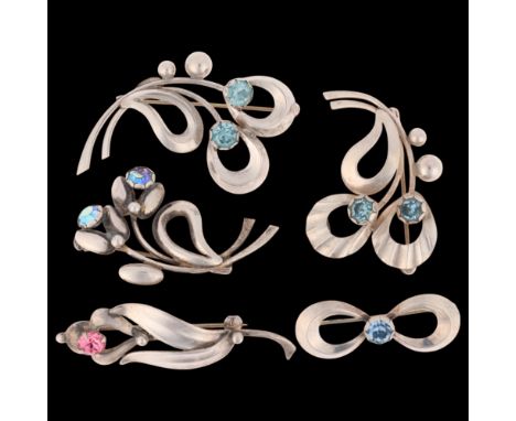 5 Danish modernist sterling silver stone set floral brooches, mostly by Hermann Siersbol, largest 51.3mm, 21.6g total (5)No d