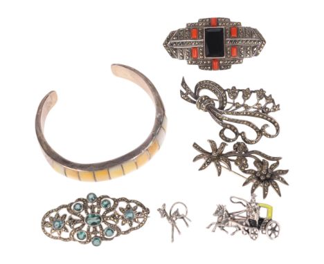 Various silver jewellery, including mother-of-pearl cuff bangle, marcasite brooches, etcLot sold as seen unless specific item