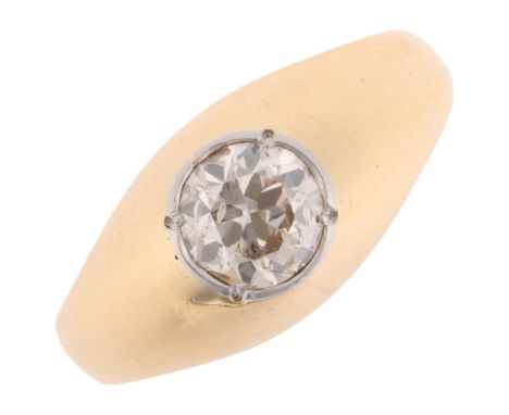 An 18ct gold 0.75ct single stone diamond gypsy ring, maker LAO, import London 1976, rub-over set with old transitional-cut di