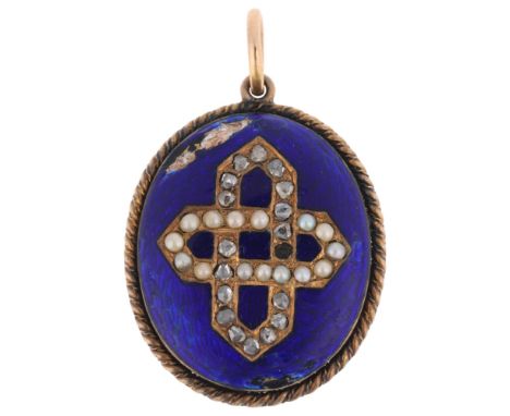 An Antique Victorian blue enamel split pearl and diamond locket pendant, circa 1880, the front set with split pearl and diamo