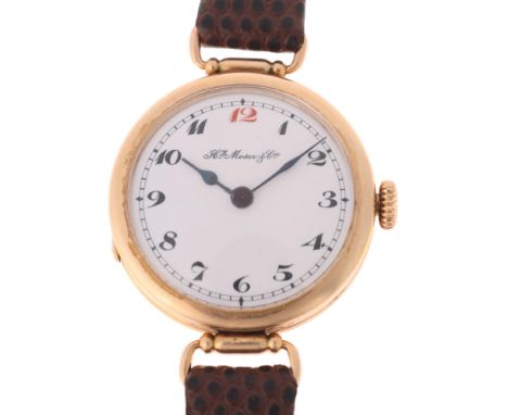 HENRY MOSER &amp; CHI - a 14k gold mechanical wristwatch, pre 1917, white enamel dial with hand painted breguet Arabic numera