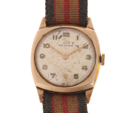 RECORD - a 9ct gold mechanical wristwatch, circa 1960s, silvered dial with gilt Arabic numerals, pencil hands and subsidiary 