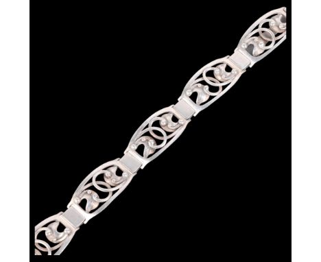 EILER & MARLOE - an Art Deco Danish silver floral panel bracelet, model no. 118, band width 18mm, 19cm, 33.5gNo damage or rep