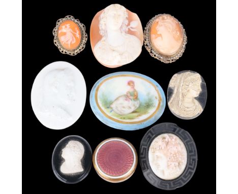 A quantity of Antique and Vintage cameos and plaques, including high relief carved shell example depicting Classical figure w