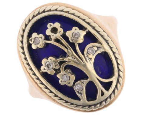 A 9ct gold diamond and blue enamel floral panel ring, maker GD, Sheffield 1978, setting height 20.4mm, size P, 9.2g1 diamond 