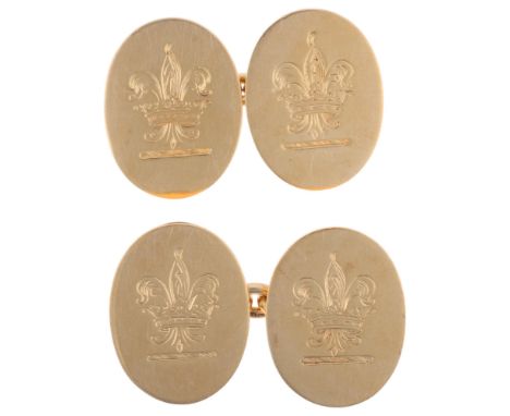 A pair of 18ct gold 'Fleur-De-Lis and Crown' cufflinks, maker M&M, Birmingham 1935, possibly commemorating George V Jubilee, 