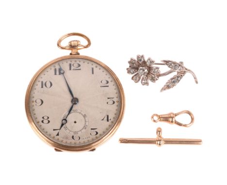 Various jewellery, including 9ct gold dog clip and T-bar, 3.3g, Antique silver and paste flower brooch, and an Art Deco gold 