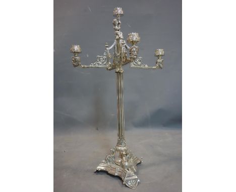 A large silver plated four branch five light candelabra by Roberts &amp; Belk, with cherub holding central sconce and five be