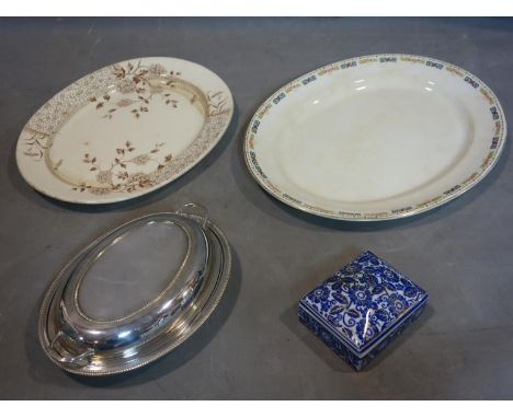 Two large ceramic oval platters and one small blue ceramic box 