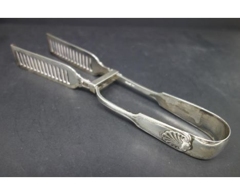 A pair of Edwardian silver asparagus tongs, fiddle thread and shell pattern, possibly by Harrison Brothers &amp; Howson (Geor