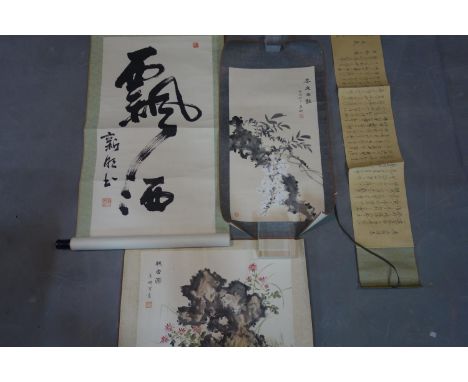 Three scrolls, to include a long Japanese calligraphy scroll in wooden box (no lid), together with another Japanese calligrap