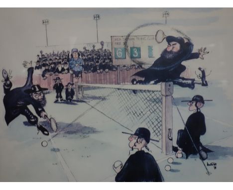 1960's comic print, Rabbis playing tennis, signed, framed and glazed, 55 x 43 cm 