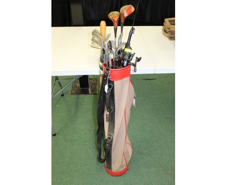 Collection of golf clubs in a Karobes bag, to include Dunlop, Donnay, H. Bird &amp; Son and Petron, together with a fishing r
