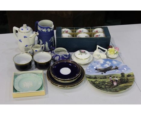 Collection of decorative porcelain to include Wedgwood jasperware milk jug and larger jug, Lloyd's of London tercentenary dis
