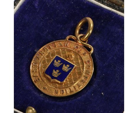 9 carat gold pocket watch pendant, with blue enamel crest to centre surrounded by raised lettering East Anglian Cup Competiti