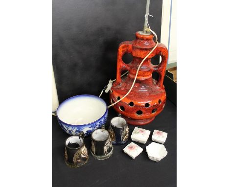 20th Century ceramic table lamp in red, together with a Minton bowl, three commemorative mugs and three Czecho Slovakia flora